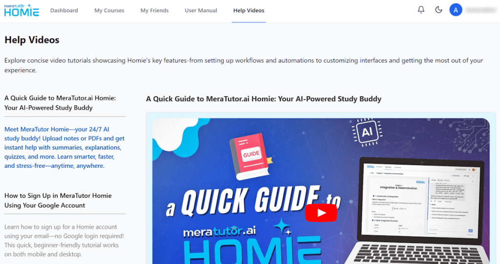 MeraTutor.ai 1.9 Feature Updates: Coach Mode, Course Sharing, Editable Learning Goals, and More 9 The "Help Videos" Section | MeraTutor.ai Homie Blogs