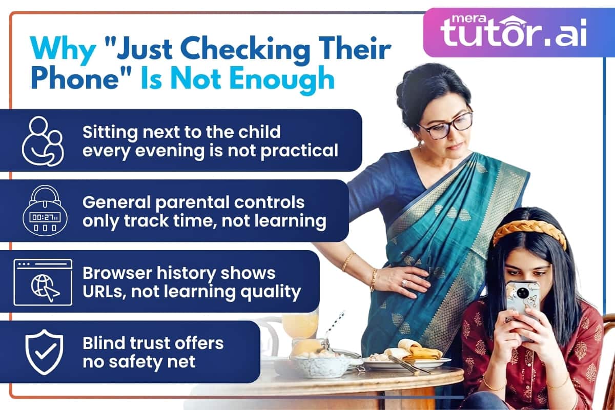 How to Monitor What Your Child is Studying Online 2 Indian parent checking child's phone browser history — why screen time monitoring is not enough for online learning safety