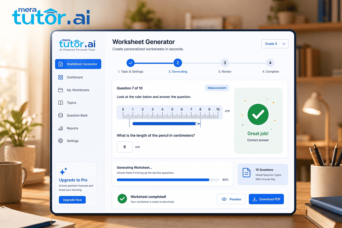 How to Convert Inches to Centimeters: Easy Guide & Formula 4 MeraTutor.AI worksheet generator dashboard illustration for measurement practice