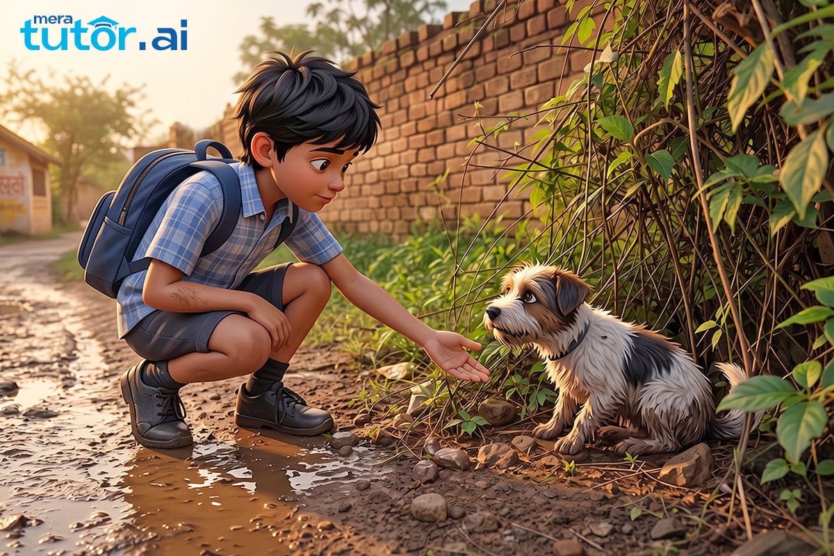 Badal and Moti Class 3 Worksheet with Answers 2 Badal finding Moti the puppy by the roadside, Class 3 worksheet illustration