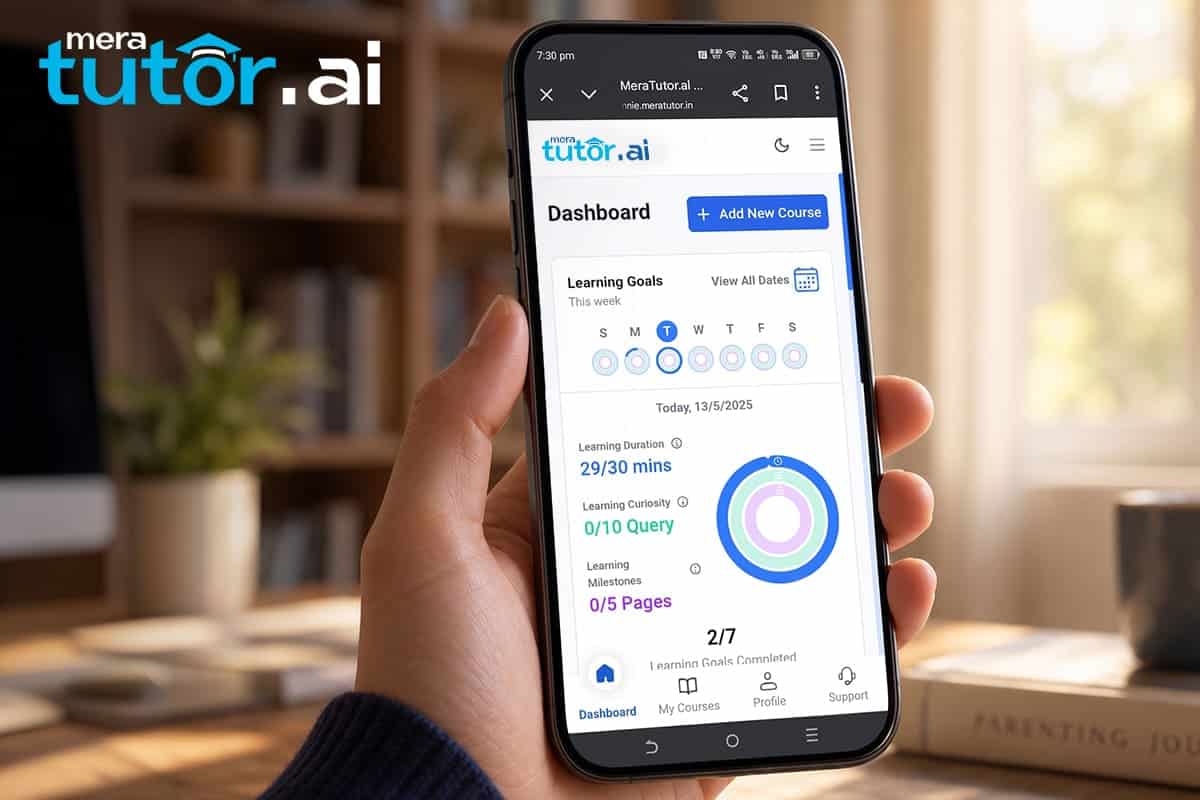 Best AI Tutoring App for Mobile Learning (2026) 3 MeraTutor.AI mobile app parent dashboard showing a child's learning progress