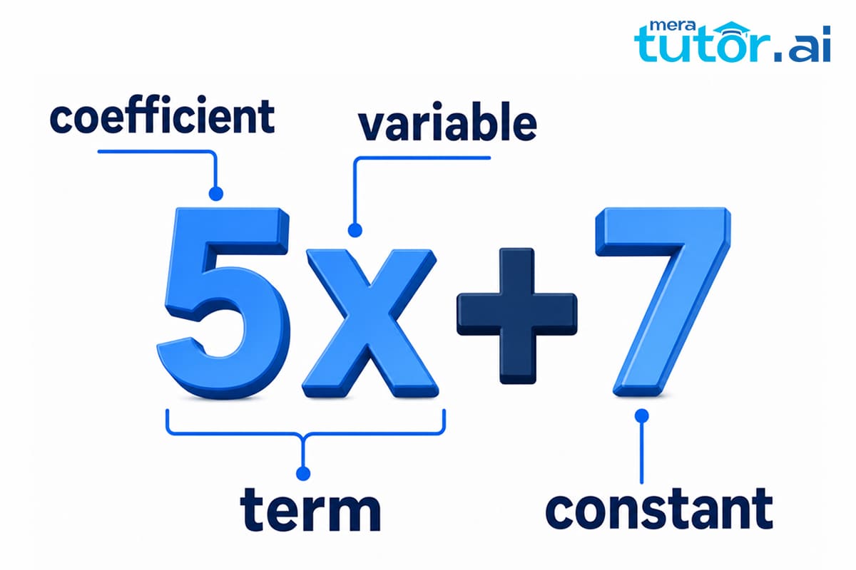 Expression Using Letter Numbers Class 7 Worksheet: A Complete Guide 2 Diagram labeling variable, constant, term, and coefficient in an algebraic expression