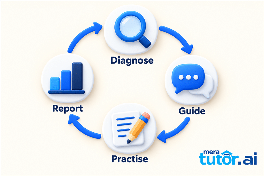 Personalized Learning Platforms for Students: How AI Personalizes Class 6–10 Maths 2 Four-step loop diagram showing how personalized learning platforms for students diagnose, guide, practise and report